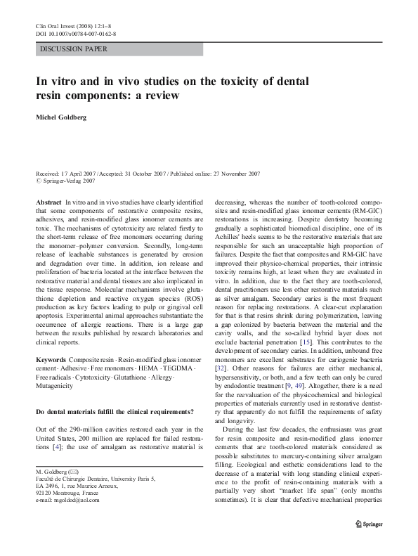 (PDF) In vitro and in vivo studies on the toxicity of dental resin ...