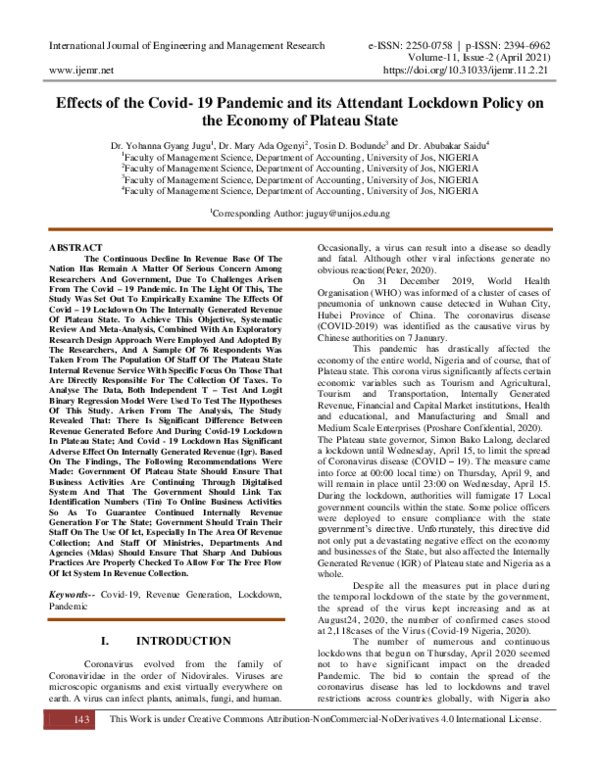 (PDF) Effects of the Covid- 19 Pandemic and its Attendant Lockdown ...