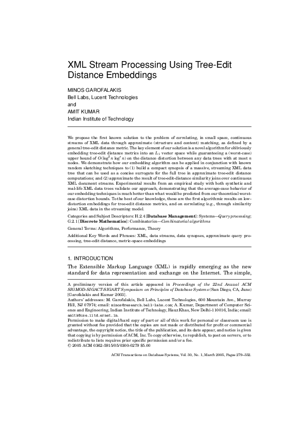 (PDF) XML stream processing using tree-edit distance embeddings
