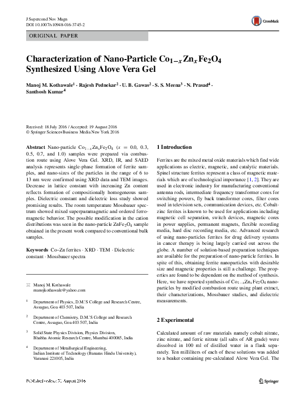 (PDF) Characterization of Nano-Particle Co1−x Zn x Fe2O4 Synthesized ...