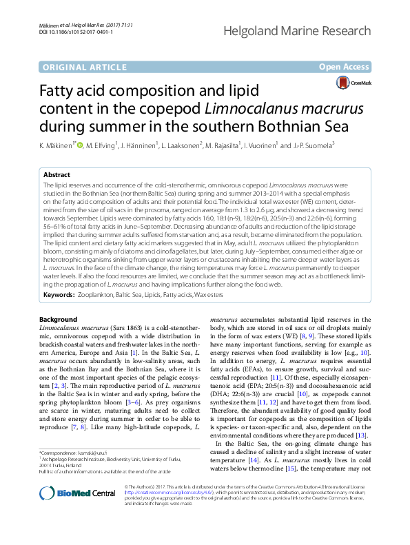 (PDF) Fatty acid composition and lipid content in the copepod ...