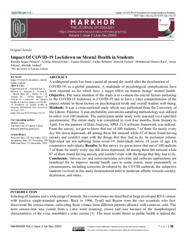 (PDF) Impact Of COVID-19 Lockdown on Mental Health in Students