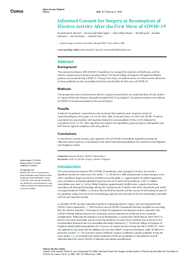(PDF) Informed Consent for Surgery at Resumption of Elective Activity ...