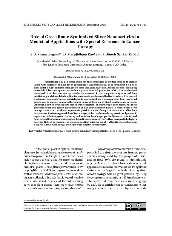 (PDF) Role of Green Route Synthesized Silver Nanoparticles in Medicinal ...