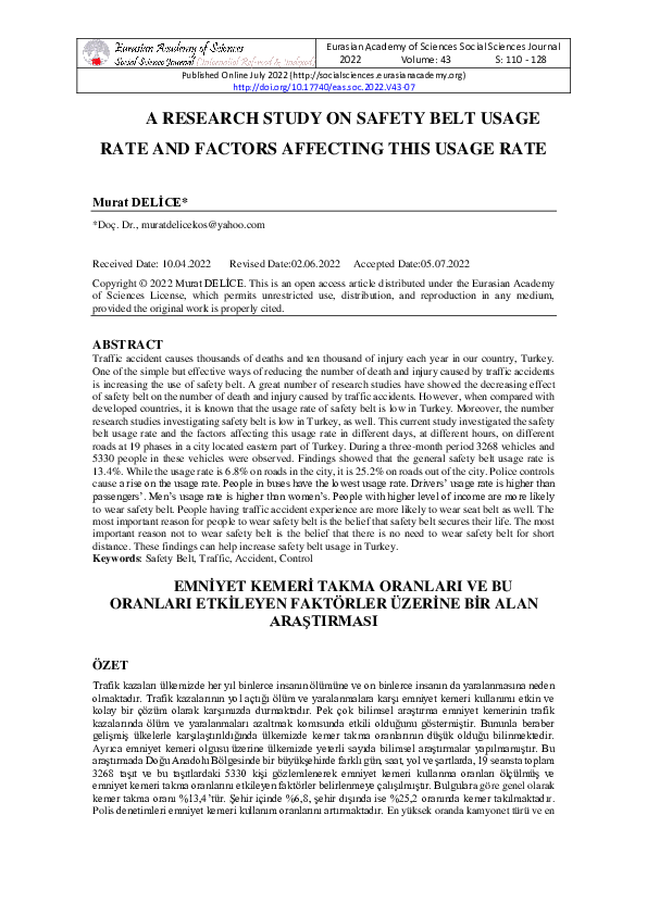 (PDF) A RESEARCH STUDY ON SAFETY BELT USAGE RATE AND FACTORS AFFECTING