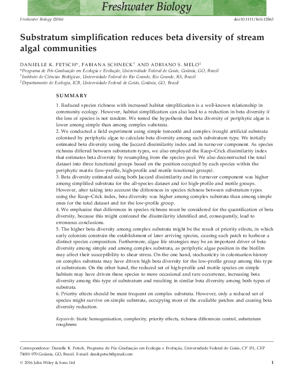 (PDF) Substratum simplification reduces beta diversity of stream algal ...