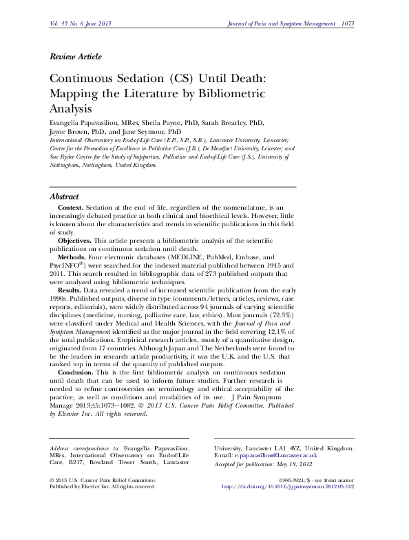 (PDF) Continuous Sedation (CS) Until Death: Mapping the Literature by ...