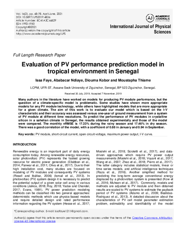 (PDF) Evaluation of PV performance prediction model in tropical ...