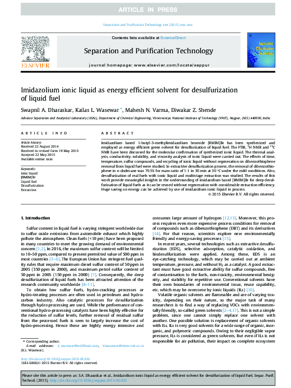 (PDF) Imidazolium ionic liquid as energy efficient solvent for ...
