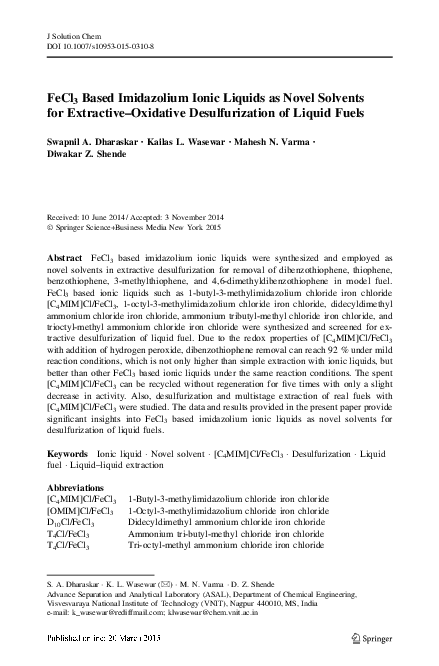 (PDF) FeCl3 Based Imidazolium Ionic Liquids as Novel Solvents for ...