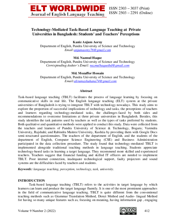 Pdf Technology Mediated Task Based Language Teaching At Private