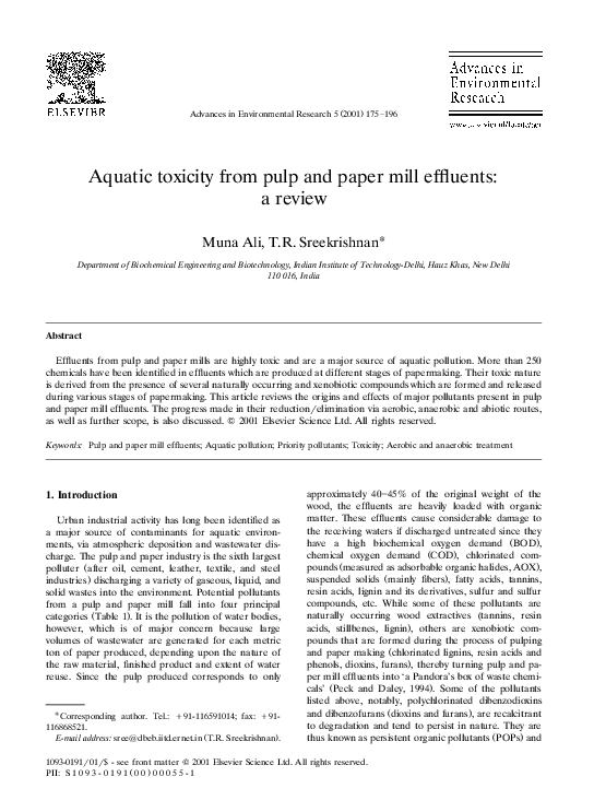 (PDF) Aquatic toxicity from pulp and paper mill effluents: a review