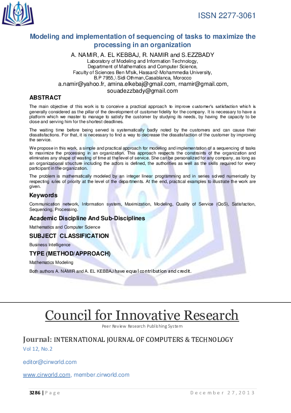(PDF) Modeling and implementation of sequencing of tasks to Maximize ...