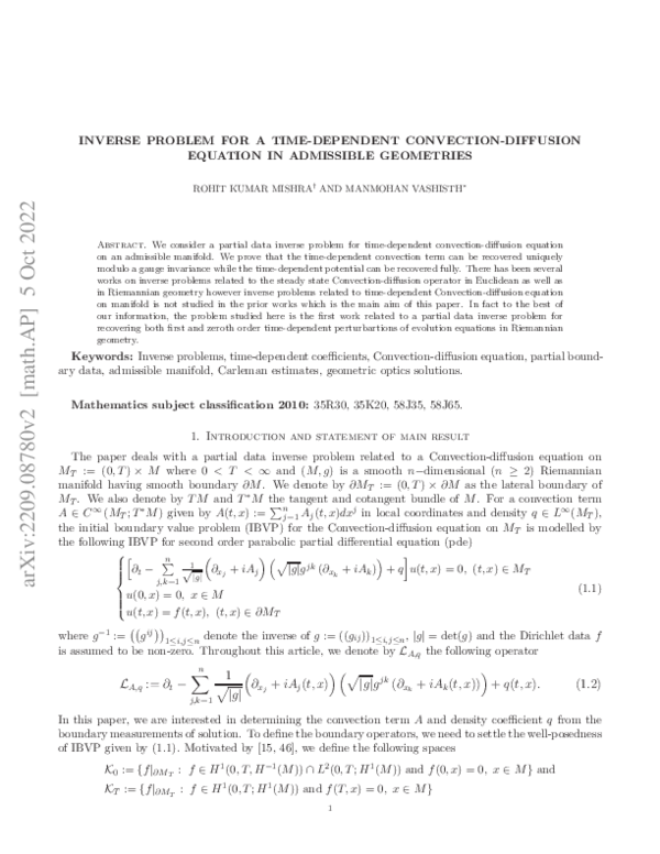 (PDF) Inverse problem for a time-dependent Convection-diffusion ...