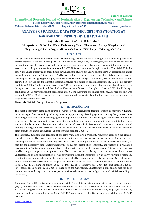 (PDF) ANALYSIS OF RAINFALL DATA FOR DROUGHT INVESTIGATION AT GARIYABAND ...
