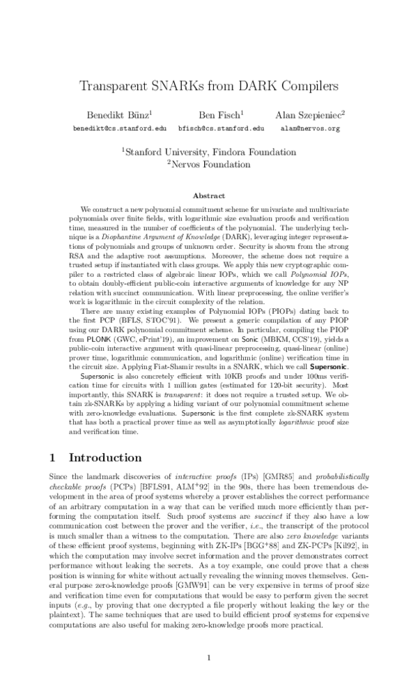 (PDF) Transparent SNARKs from DARK Compilers