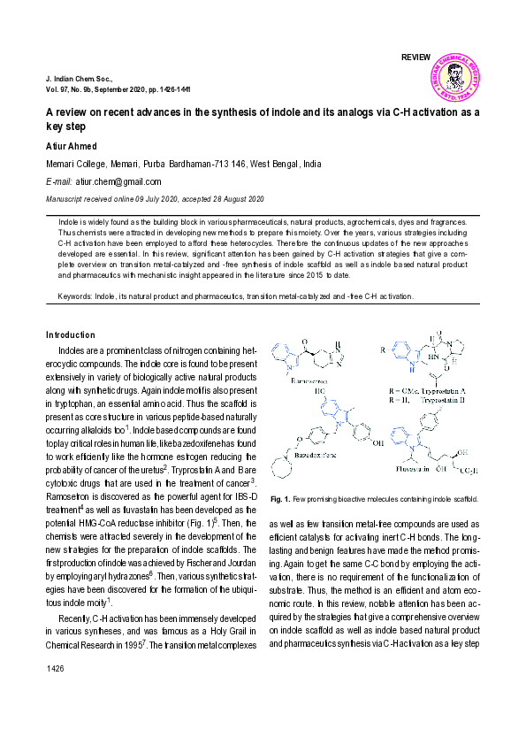 (PDF) A review on recent advances in the synthesis of indole and its ...