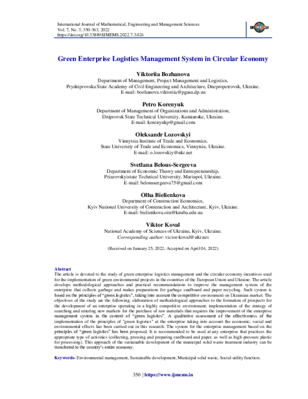 (PDF) Green Enterprise Logistics Management System in Circular Economy