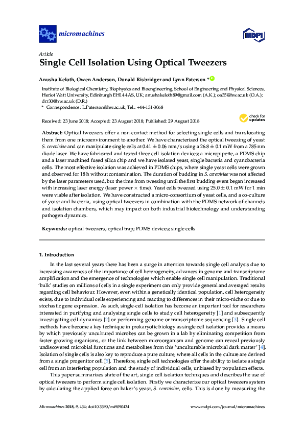 (PDF) Single Cell Isolation Using Optical Tweezers