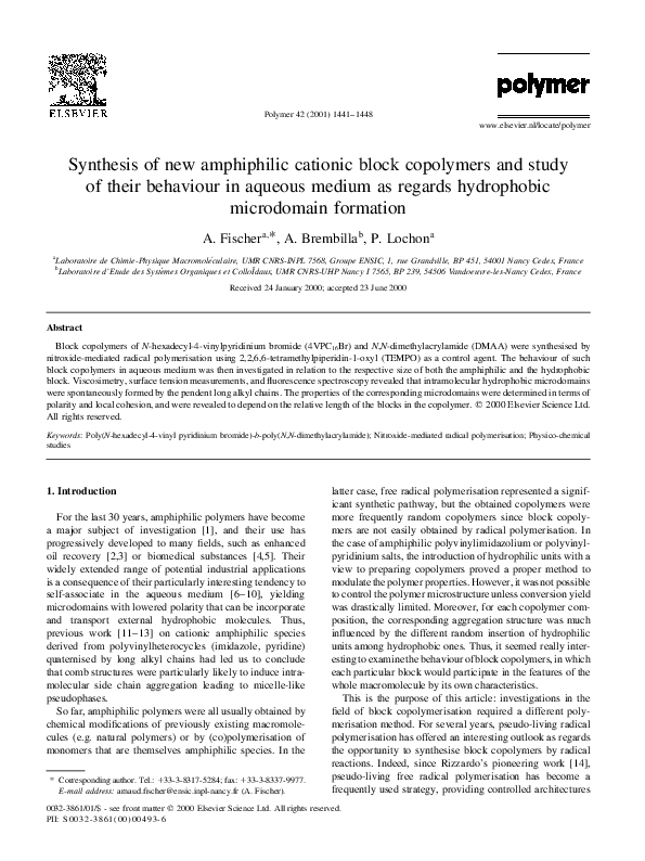(PDF) Synthesis of new amphiphilic cationic block copolymers and study ...