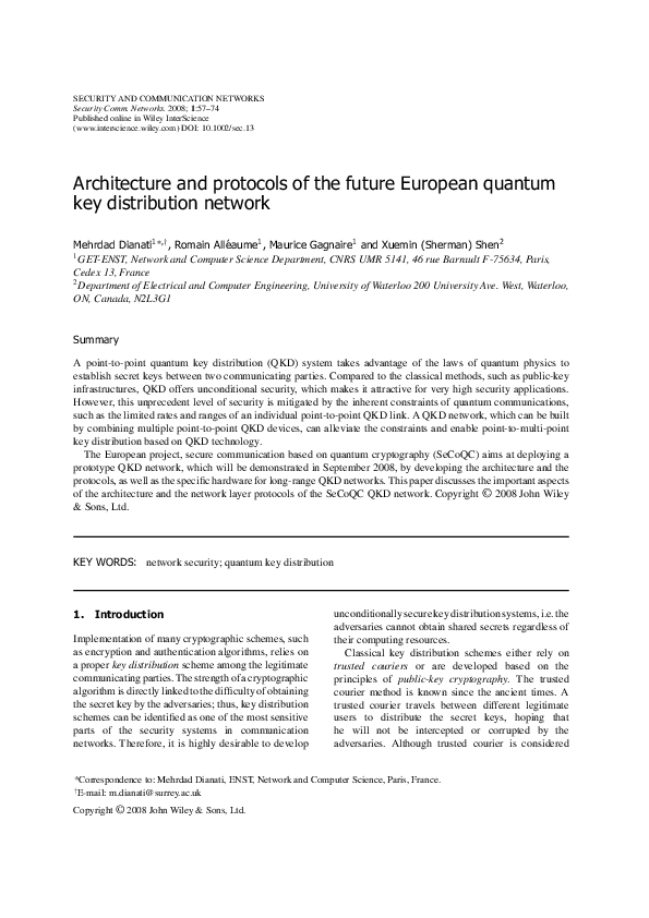 (PDF) Architecture and protocols of the future European quantum key ...