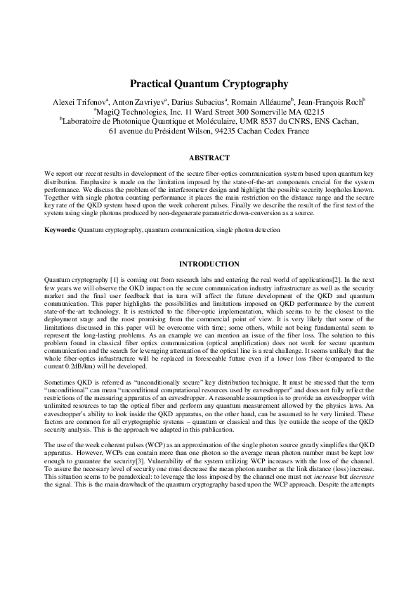 (PDF) Practical quantum cryptography