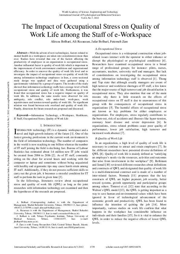 (PDF) The Impact Of Occupational Stress On Quality Of Work Life Among ...