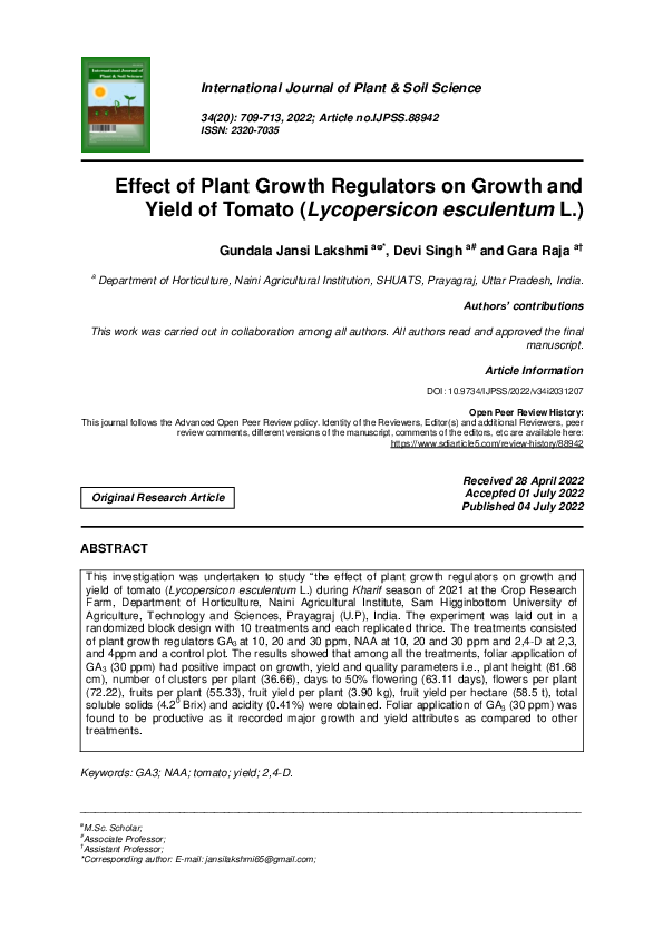 (PDF) Effect of Plant Growth Regulators on Growth and Yield of Tomato ...