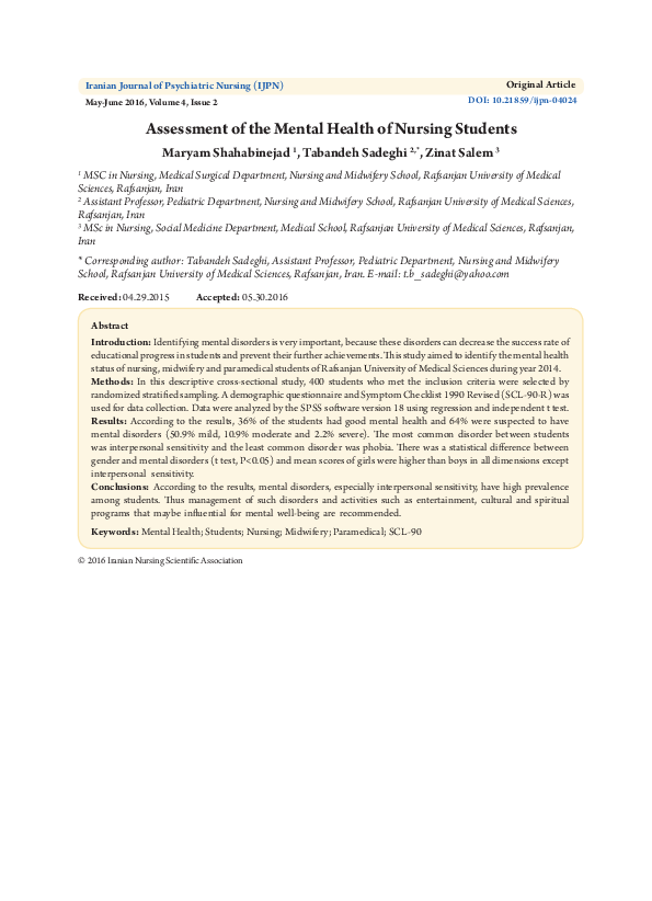 (PDF) Assessment of the Mental Health of Nursing Students