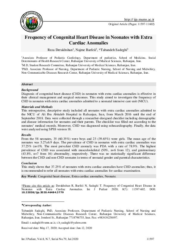 (PDF) Frequency of Congenital Heart Disease in Neonates with Extra ...
