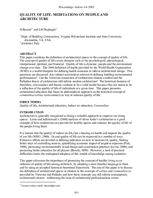 (PDF) Quality of Life: Meditations on People and Architecture