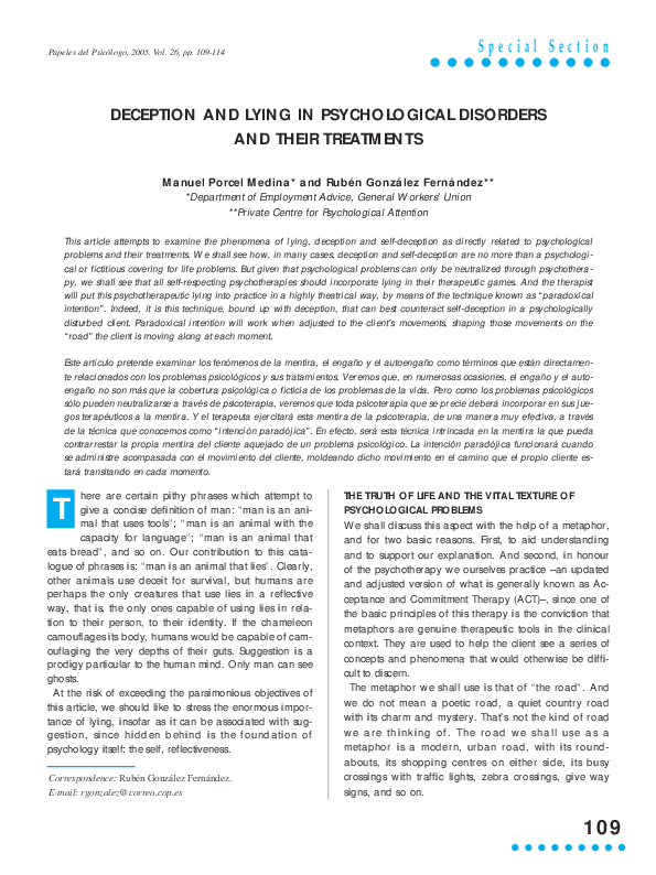 (PDF) Deception and Lying in Psychological Disorders and Their Treatments