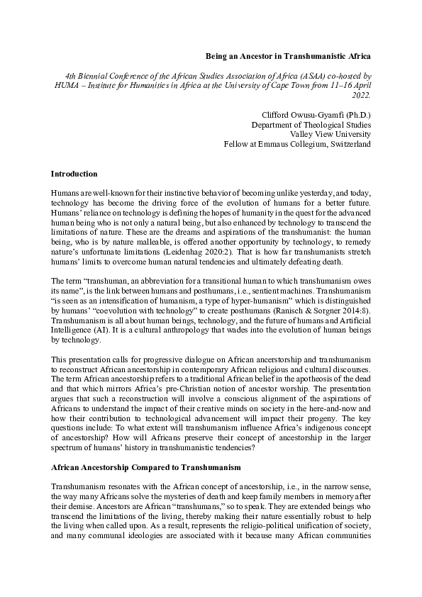 (PDF) Being an Ancestor in Transhumanistic Africa