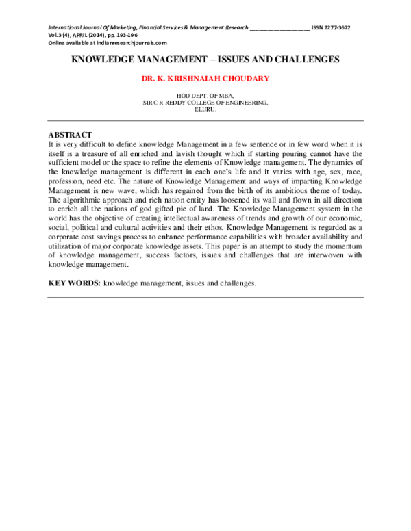 (PDF) Knowledge Management Issues and Challenges