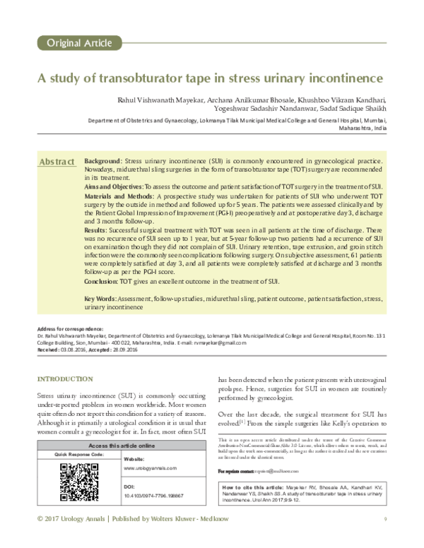 (PDF) A study of transobturator tape in stress urinary incontinence