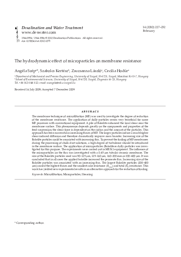 (PDF) The hydrodynamic effect of microparticles on membrane resistance