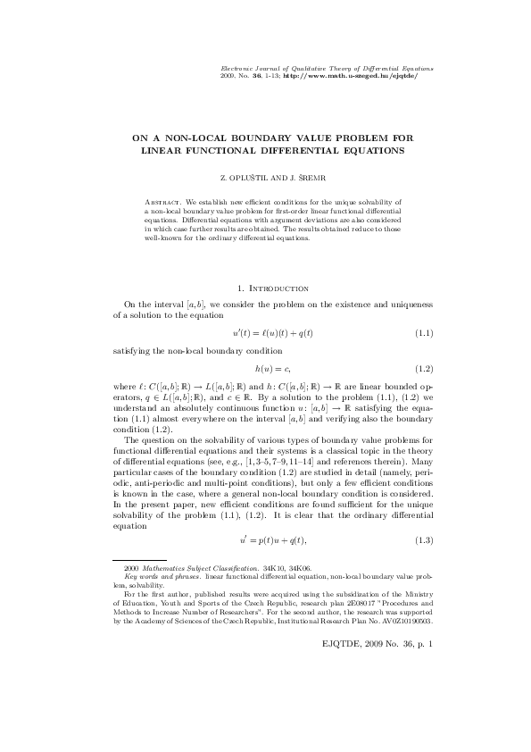 (PDF) On a non-local boundary value problem for linear functional ...