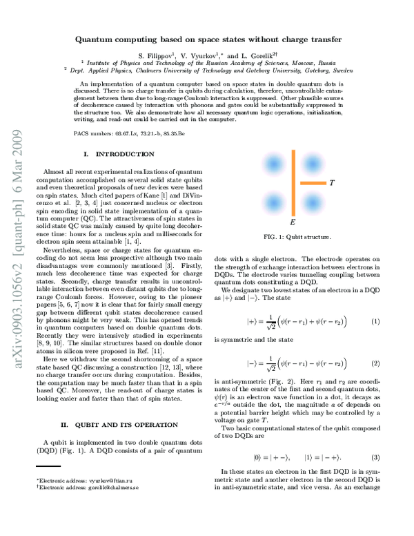 (PDF) Quantum computing based on space states without charge transfer