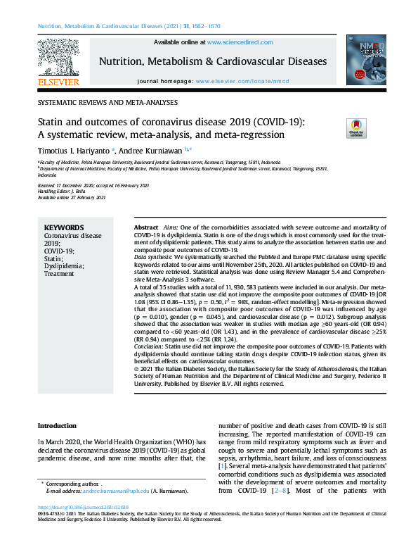 (PDF) Statin and outcomes of coronavirus disease 2019 (COVID-19): A ...