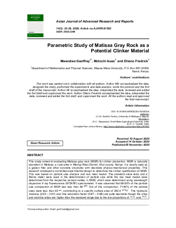 (PDF) Parametric Study of Matisaa Gray Rock as a Potential Clinker Material