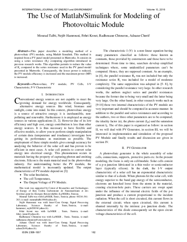 (PDF) The Use of Matlab/Simulink for Modeling of Photovoltaic Module