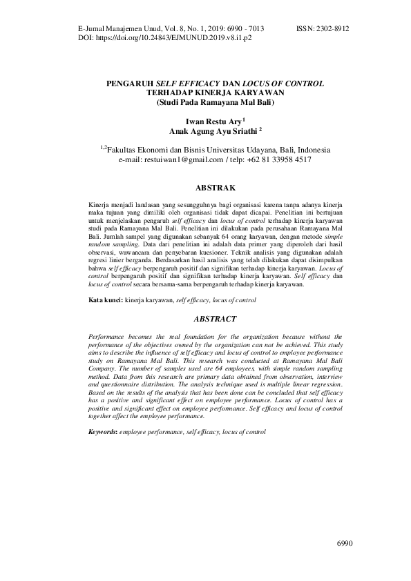 (PDF) PENGARUH SELF EFFICACY DAN LOCUS OF CONTROL TERHADAP KINERJA ...