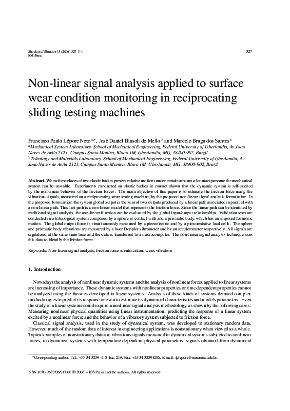 (PDF) Non-Linear Signal Analysis Applied to Surface Wear Condition ...