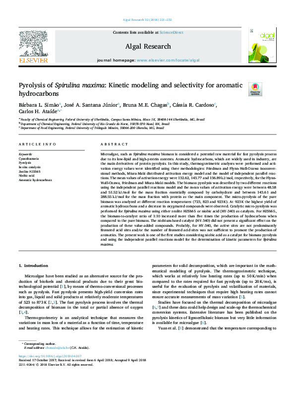 (PDF) Pyrolysis of Spirulina maxima: Kinetic modeling and selectivity ...