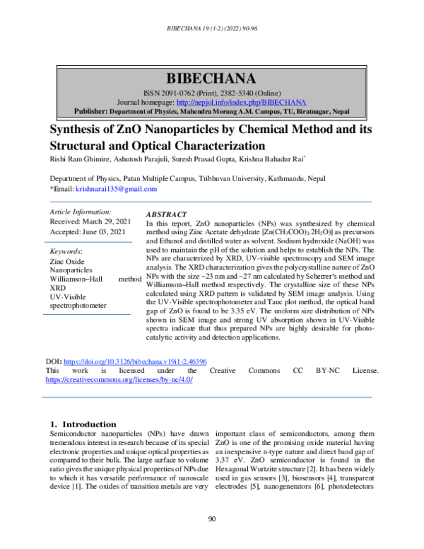 (PDF) Synthesis of ZnO Nanoparticles by Chemical Method and its ...