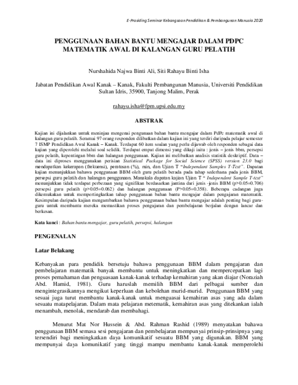 Pdf Penggunaan Bahan Bantu Mengajar Dalam Pdpc Matematik Awal Di
