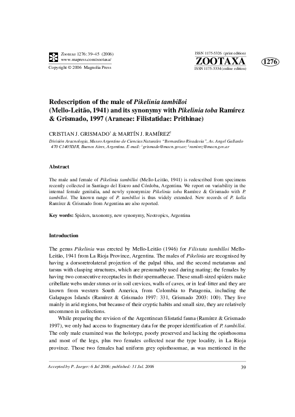 (PDF) Redescription of the male of Pikelinia tambilloi (MelloLeitão