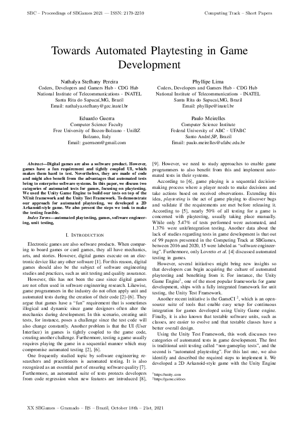 (PDF) Towards Automated Playtesting in Game Development