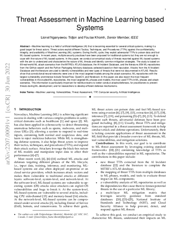 (PDF) Threat Assessment in Machine Learning based Systems