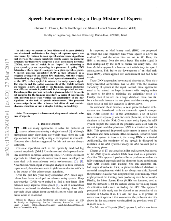 (PDF) Speech Enhancement using a Deep Mixture of Experts